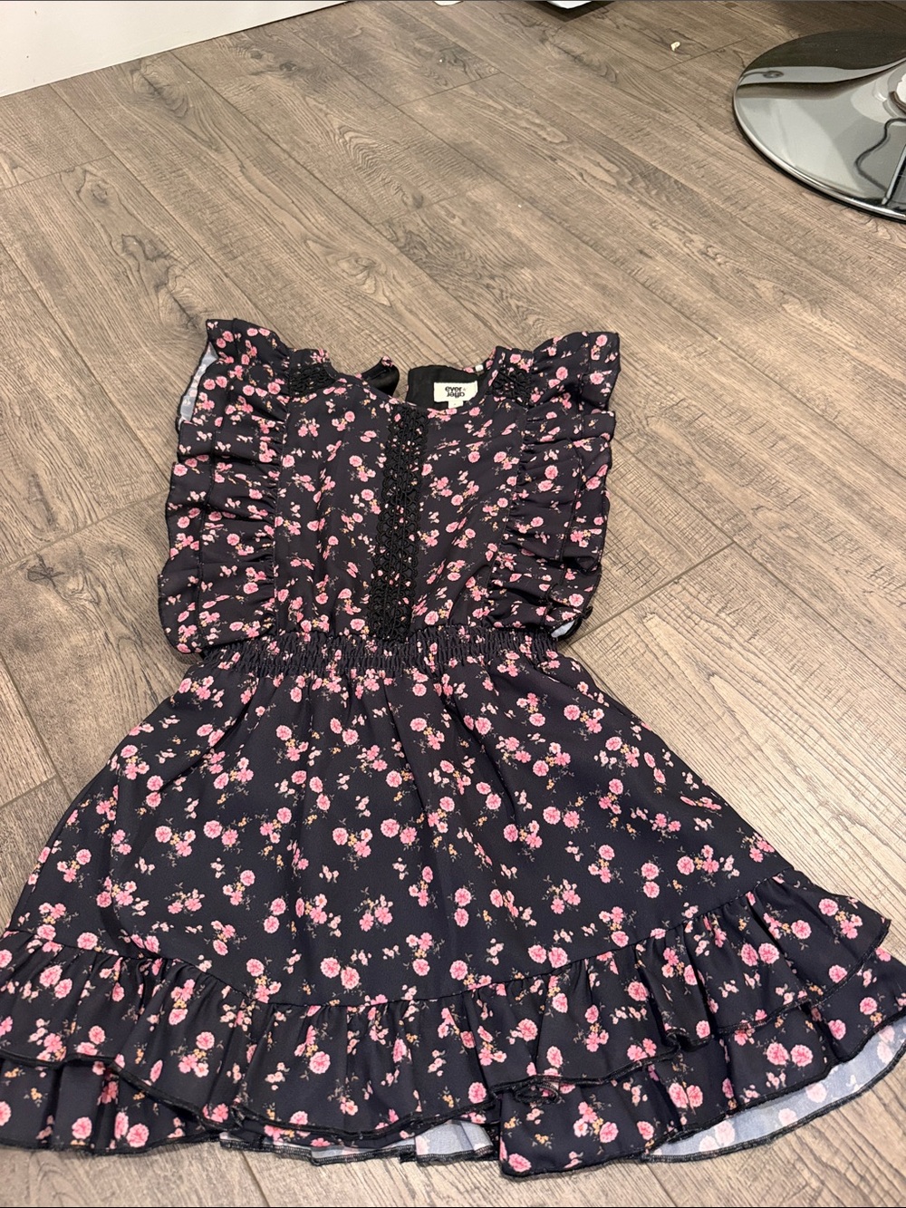 Girls' Black Floral Ruffle Skirt Dress with Pink Blossoms
